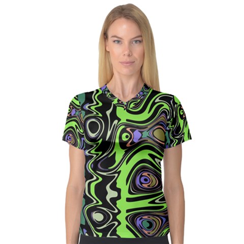 Green And Black Abstract Pattern V-neck Sport Mesh Tee by SpinnyChairDesigns