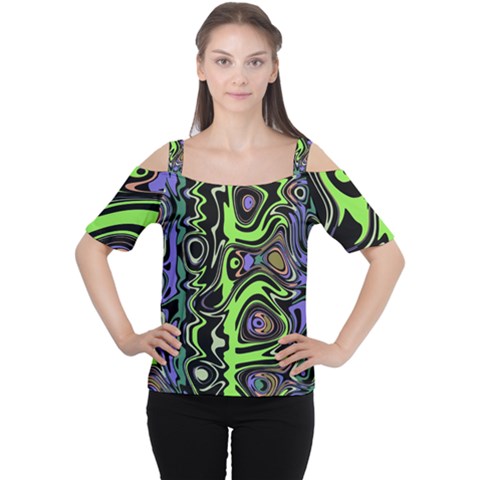 Green And Black Abstract Pattern Cutout Shoulder Tee by SpinnyChairDesigns