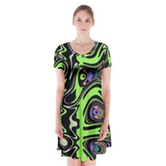 Green And Black Abstract Pattern Short Sleeve V-neck Flare Dress by SpinnyChairDesigns