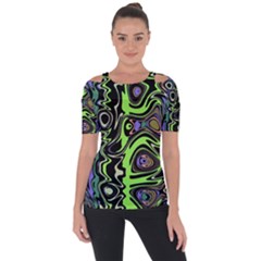 Green And Black Abstract Pattern Shoulder Cut Out Short Sleeve Top by SpinnyChairDesigns