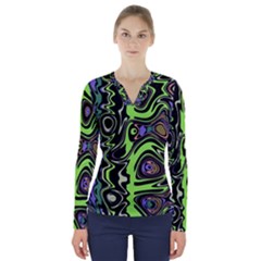 Green And Black Abstract Pattern V-neck Long Sleeve Top by SpinnyChairDesigns