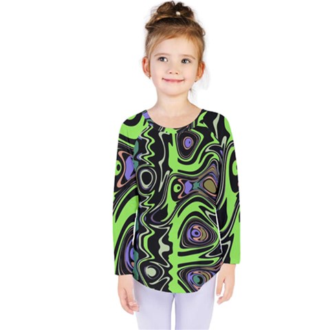 Green And Black Abstract Pattern Kids  Long Sleeve Tee by SpinnyChairDesigns