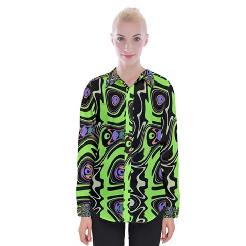 Green And Black Abstract Pattern Womens Long Sleeve Shirt by SpinnyChairDesigns