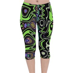 Green And Black Abstract Pattern Velvet Capri Leggings  by SpinnyChairDesigns