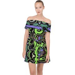 Green And Black Abstract Pattern Off Shoulder Chiffon Dress by SpinnyChairDesigns