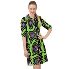 Green And Black Abstract Pattern Long Sleeve Mini Shirt Dress by SpinnyChairDesigns