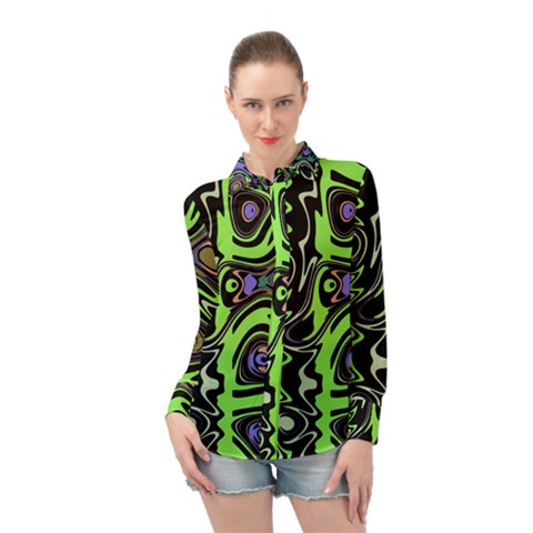 Green And Black Abstract Pattern Long Sleeve Chiffon Shirt by SpinnyChairDesigns