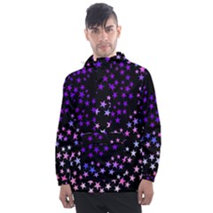 Purple Stars On Black Pattern Men s Front Pocket Pullover Windbreaker by SpinnyChairDesigns