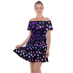 Purple Stars On Black Pattern Off Shoulder Velour Dress