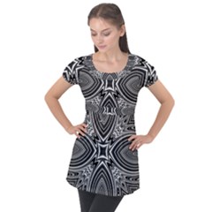 Black And White Intricate Pattern Puff Sleeve Tunic Top by SpinnyChairDesigns