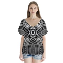 Black And White Intricate Pattern V-neck Flutter Sleeve Top by SpinnyChairDesigns