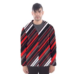 Red Black White Stripes Pattern Men s Hooded Windbreaker by SpinnyChairDesigns