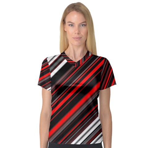 Red Black White Stripes Pattern V-neck Sport Mesh Tee by SpinnyChairDesigns