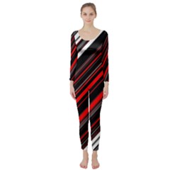 Red Black White Stripes Pattern Long Sleeve Catsuit by SpinnyChairDesigns