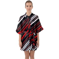 Red Black White Stripes Pattern Half Sleeve Satin Kimono  by SpinnyChairDesigns