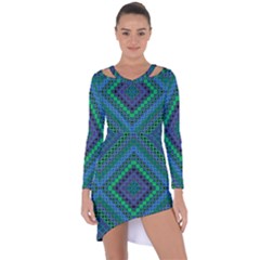 Blue Green Diamond Pattern Asymmetric Cut-out Shift Dress by SpinnyChairDesigns