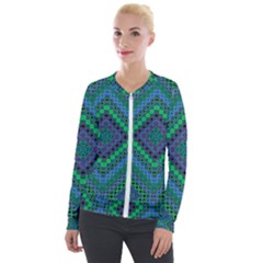 Blue Green Diamond Pattern Velour Zip Up Jacket by SpinnyChairDesigns