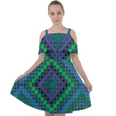 Blue Green Diamond Pattern Cut Out Shoulders Chiffon Dress