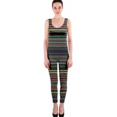 Dark Rust Red And Green Stripes Pattern One Piece Catsuit by SpinnyChairDesigns