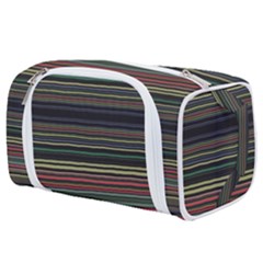 Dark Rust Red And Green Stripes Pattern Toiletries Pouch by SpinnyChairDesigns