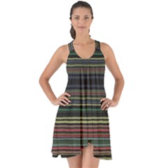 Dark Rust Red And Green Stripes Pattern Show Some Back Chiffon Dress by SpinnyChairDesigns