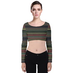 Dark Rust Red And Green Stripes Pattern Velvet Long Sleeve Crop Top by SpinnyChairDesigns