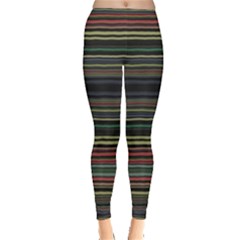 Dark Rust Red And Green Stripes Pattern Inside Out Leggings by SpinnyChairDesigns