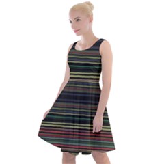 Dark Rust Red And Green Stripes Pattern Knee Length Skater Dress by SpinnyChairDesigns