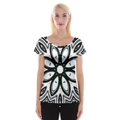 Black And White Floral Print Pattern Cap Sleeve Top by SpinnyChairDesigns
