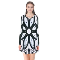 Black And White Floral Print Pattern Long Sleeve V-neck Flare Dress by SpinnyChairDesigns
