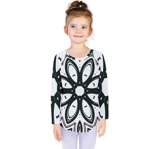Black And White Floral Print Pattern Kids  Long Sleeve Tee by SpinnyChairDesigns
