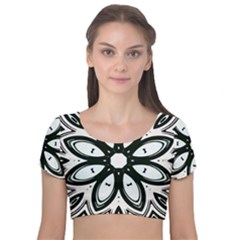 Black And White Floral Print Pattern Velvet Short Sleeve Crop Top  by SpinnyChairDesigns