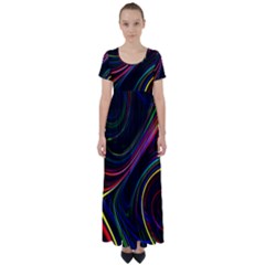 Neon Glow Lines On Black High Waist Short Sleeve Maxi Dress by SpinnyChairDesigns