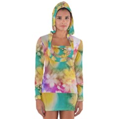 Watercolor Flowers Floral Print Long Sleeve Hooded T-shirt by SpinnyChairDesigns