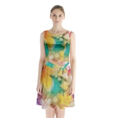 Watercolor Flowers Floral Print Sleeveless Waist Tie Chiffon Dress by SpinnyChairDesigns