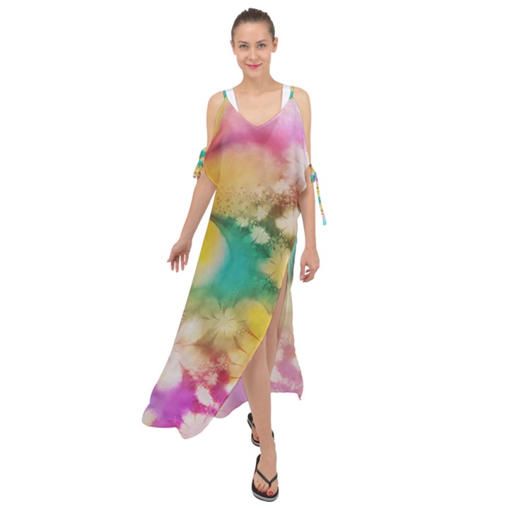 Watercolor Flowers Floral Print Maxi Chiffon Cover Up Dress