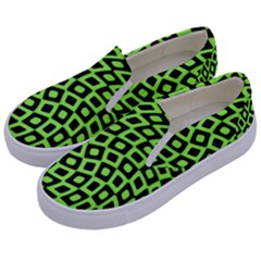 Abstract Black And Green Checkered Pattern Kids  Canvas Slip Ons by SpinnyChairDesigns