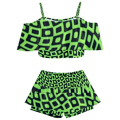 Abstract Black And Green Checkered Pattern Kids  Off Shoulder Skirt Bikini