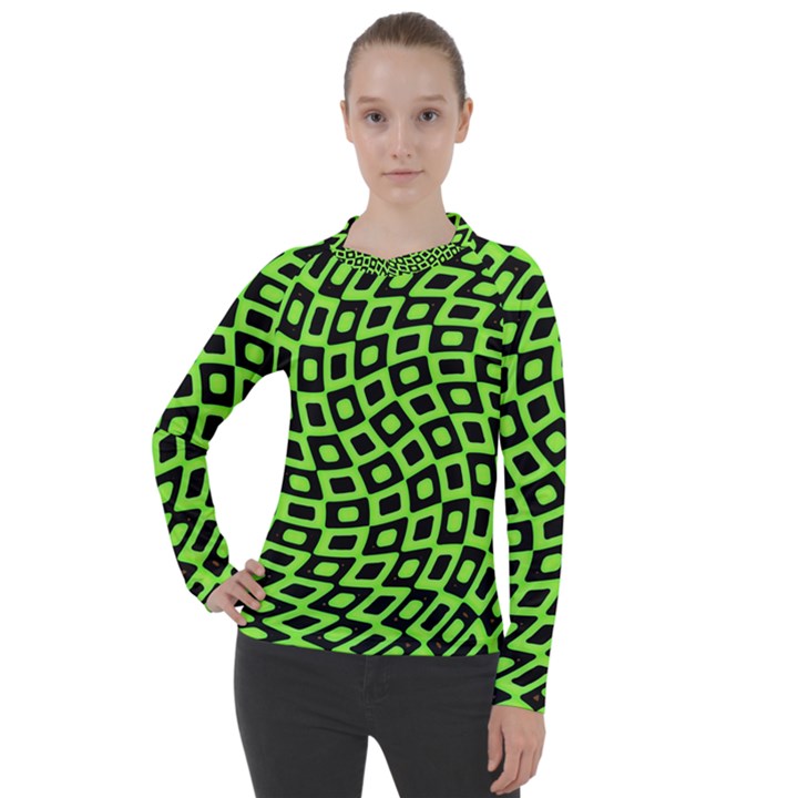 Abstract Black and Green Checkered Pattern Women s Pique Long Sleeve Tee