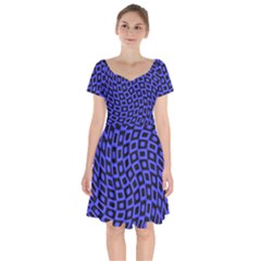 Abstract Black And Purple Checkered Pattern Short Sleeve Bardot Dress by SpinnyChairDesigns