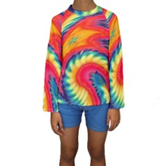 Colorful Dark Tie Dye Pattern Kids  Long Sleeve Swimwear by SpinnyChairDesigns