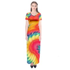 Colorful Dark Tie Dye Pattern Short Sleeve Maxi Dress by SpinnyChairDesigns