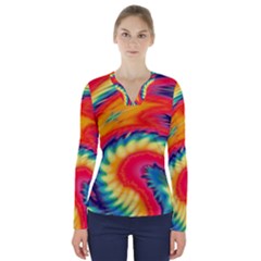 Colorful Dark Tie Dye Pattern V-neck Long Sleeve Top by SpinnyChairDesigns