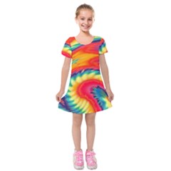 Colorful Dark Tie Dye Pattern Kids  Short Sleeve Velvet Dress by SpinnyChairDesigns