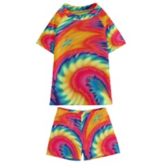 Colorful Dark Tie Dye Pattern Kids  Swim Tee And Shorts Set by SpinnyChairDesigns