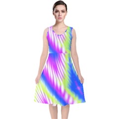 Colorful Blue Purple Pastel Tie Dye Pattern V-Neck Midi Sleeveless Dress 