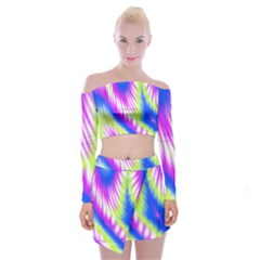 Colorful Blue Purple Pastel Tie Dye Pattern Off Shoulder Top With Mini Skirt Set by SpinnyChairDesigns