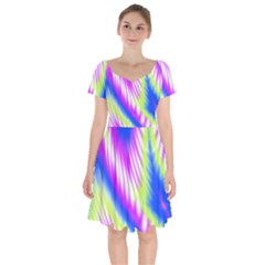 Colorful Blue Purple Pastel Tie Dye Pattern Short Sleeve Bardot Dress