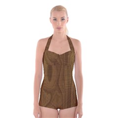 Dark Wood Panel Texture Boyleg Halter Swimsuit  by SpinnyChairDesigns