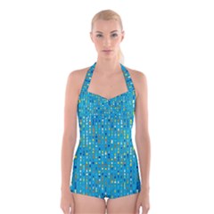 Aqua Blue Artsy Beaded Weave Pattern Boyleg Halter Swimsuit  by SpinnyChairDesigns